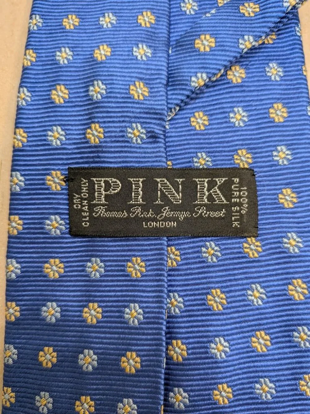 Lot of 2 Thomas Pink Silk Neckties Blue Yellow Stripe Floral Made in Paris